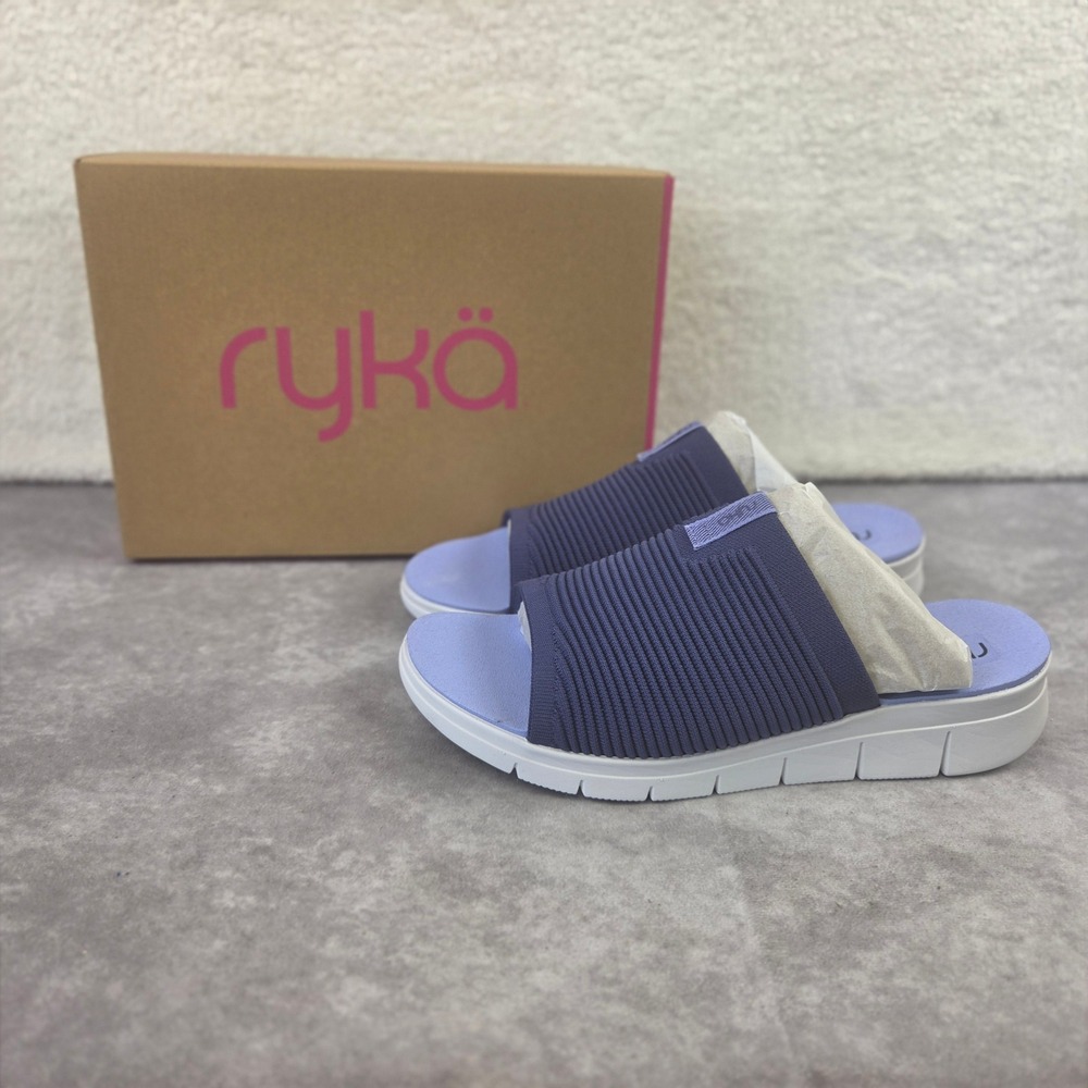 Ryka Epic Slide Sandals Womens 12M Dusk Blue Stretch Knit J3091F1400 New